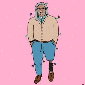 Graphic illustration. An older figure wearing a blue button-down, a beige cardigan, blue pants, brown belt, and brown shoes. The pant on his right leg is cropped at the knee, exposing his grey and black prosthetic leg. He has light brown skin, shoulder-length grey hair, grey facial hair, glasses, and a nose ring. His hands are resting in his pockets. Pink and yellow flowers sprout out of his body. Background is bright pink with various shades of small yellow polka dots. Illustration by Rana Awadallah.