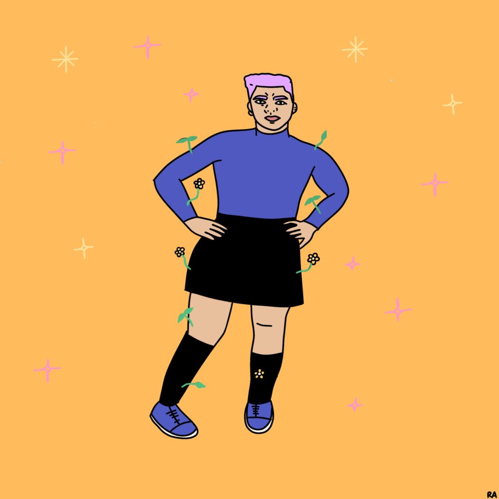 A graphic illustration of a person wearing a blue long-sleeve turtleneck, black skirt, black knee-high socks, and blue running shoes. They are white, and have short light purple hair and light purple eyebrows. They are shorter in stature. Both hands are on their hips and bent at the elbows. Right leg is slightly kicked to the side. Small flowers sprout out of the body. Background is orange with yellow and pink graphic stars. Illustration by Rana Awadallah.