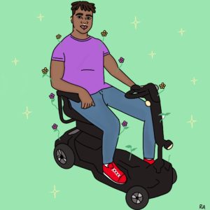 Graphic illustration. A figure wearing a purple shirt, blue jeans, and red running shoes. They have short, dark-brown dreadlocks, thick brown eyebrows, and brown skin. They have a gold septum piercing and a gold cartilage piercing. They sit on their black electric mobility scooter. Their left hand rests on the steering handle and their right arm rests on the armrest. Pink, yellow, and green flowers sprout out of them and the scooter. Dusty green background with light yellow stars. Illustration by Rana Awadallah.